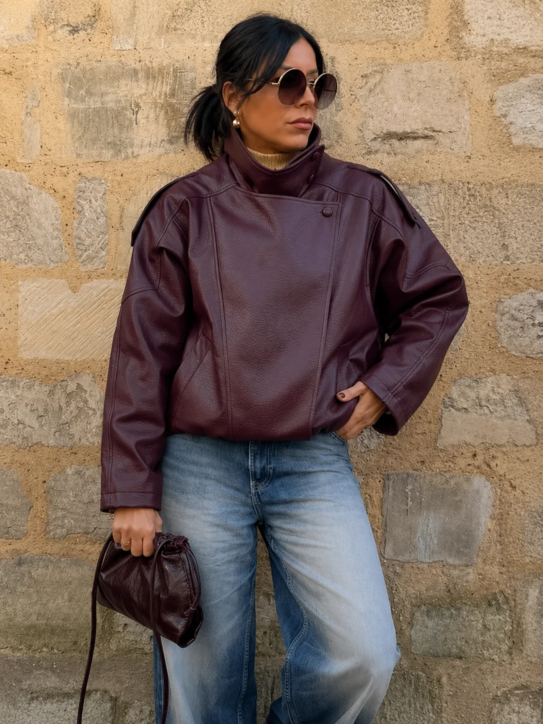 Jaqueta Feminina Oversized Couro Eco Gola Alta Estilo Europeia Vintage Premium - Image 6
