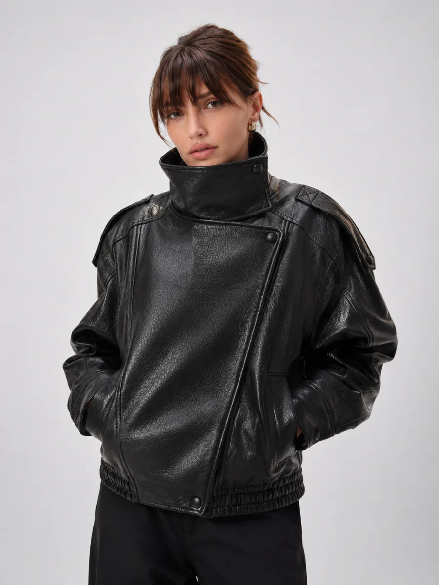 Jaqueta Feminina Oversized Couro Eco Gola Alta Estilo Europeia Vintage Premium