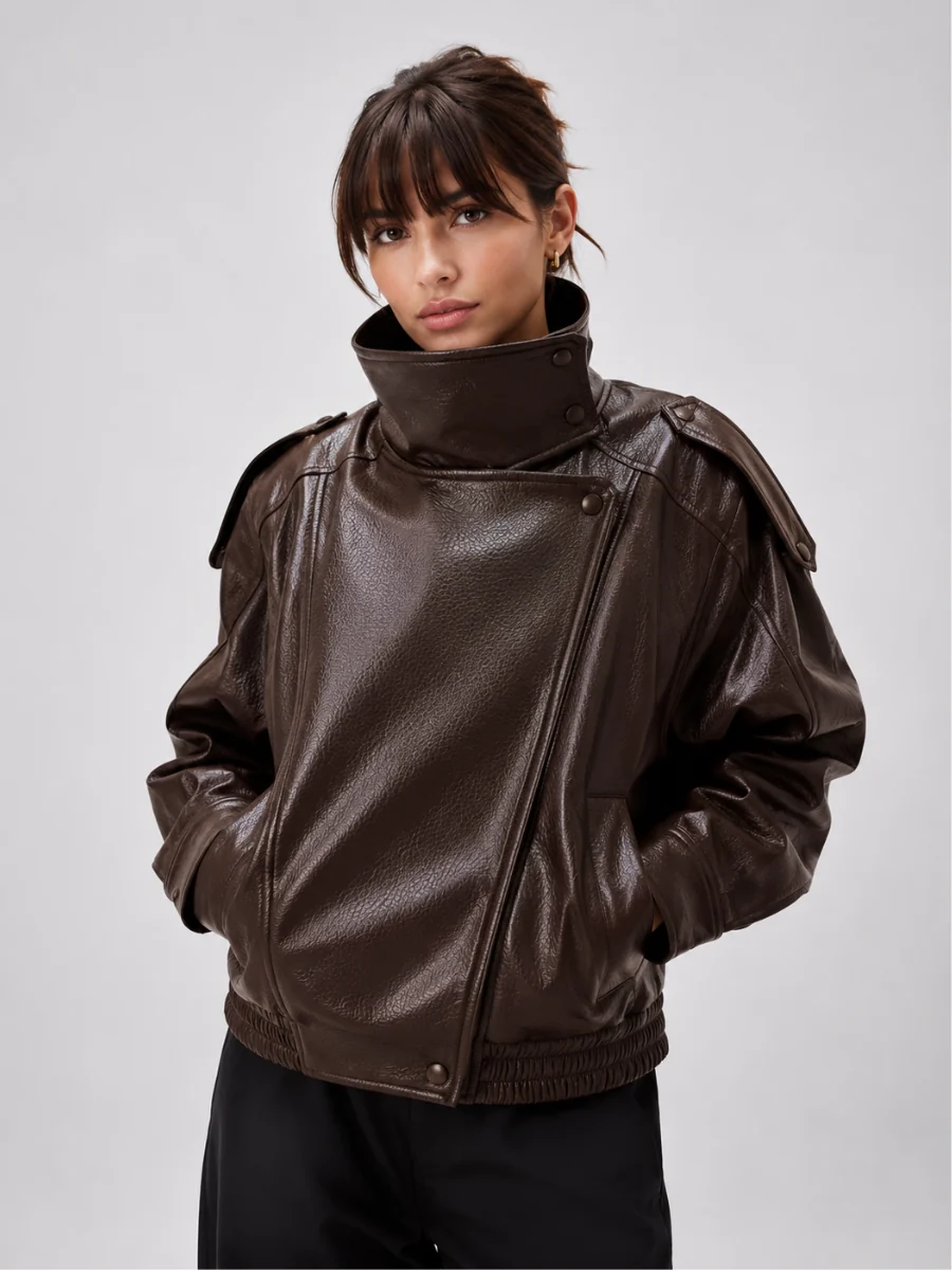 Jaqueta Feminina Oversized Couro Eco Gola Alta Estilo Europeia Vintage Premium - Image 9