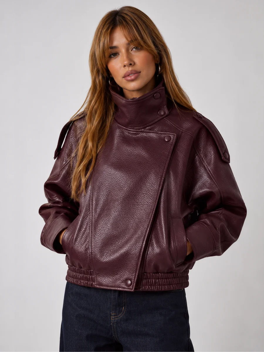 Jaqueta Feminina Oversized Couro Eco Gola Alta Estilo Europeia Vintage Premium - Image 10